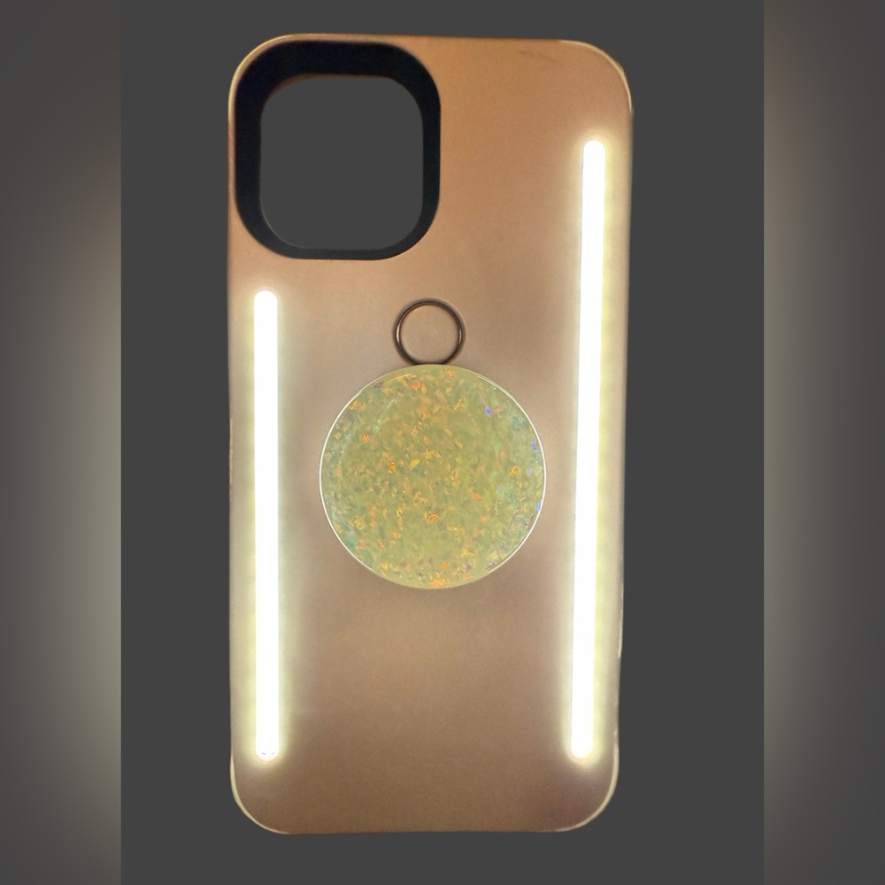 iPhone 12Pro Double Color Selfie Light Case, Pink w/White Sparkle Pop-socket